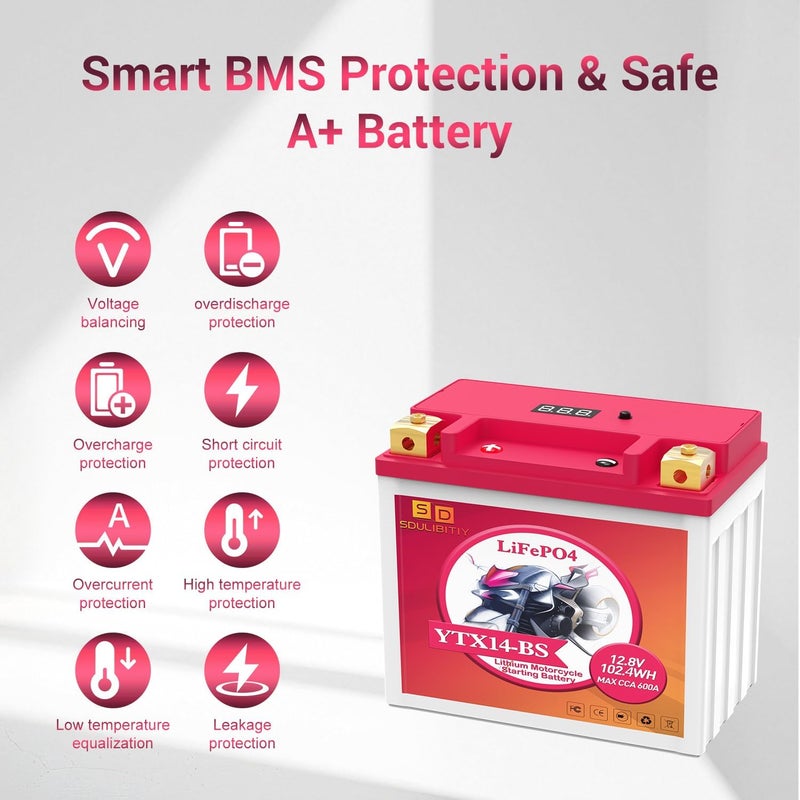 SDULIBITIY بطارية دراجة نارية ليثيوم YTX14-BS، بطارية ATV 12V 8AH 600CCA، متوافقة مع محركات LiFePO4 لبدء التشغيل ATV، UTV، جت سكي، كواد، جزازة عشب، جرار، سكوتر، مولد - Image 2